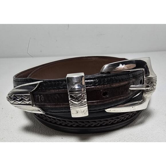 Onyx By Brighton Leather Belt 36 Black/Brown Braided Pinion Hills Inlay 12200 - Picture 1 of 8